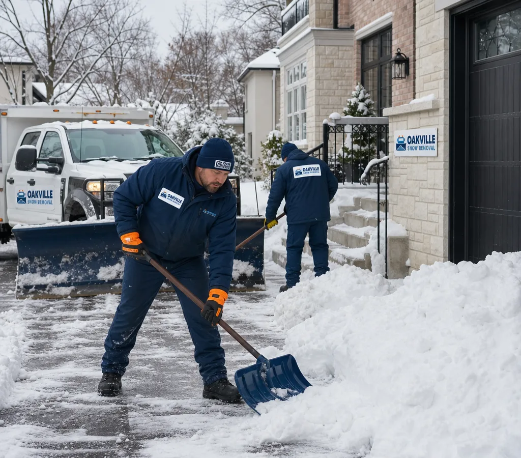 Crew clearing a residential driveway in Oakville after fresh snowfall, with a plow truck and a cleared path to the front door