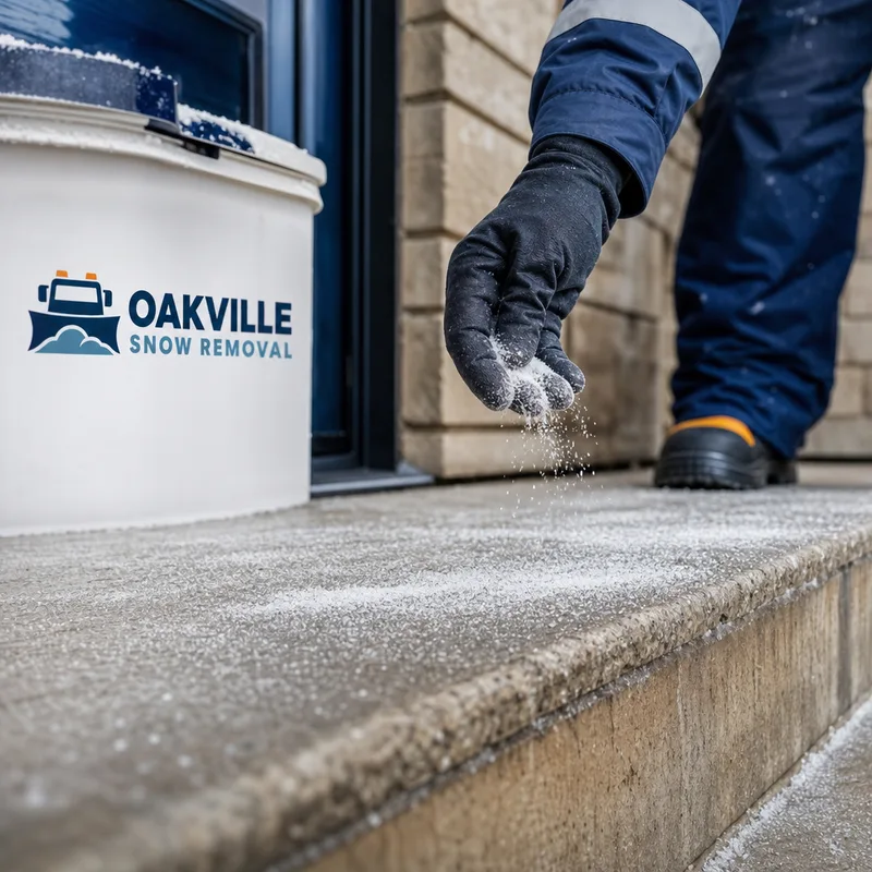 Salt being applied at concrete steps and along a main entrance landing for traction coverage