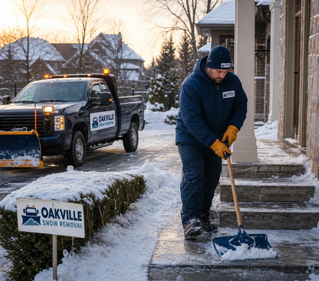 Early-morning snow clearing on an Oakville residential driveway with a plow truck and a crew member clearing the front walkway and steps