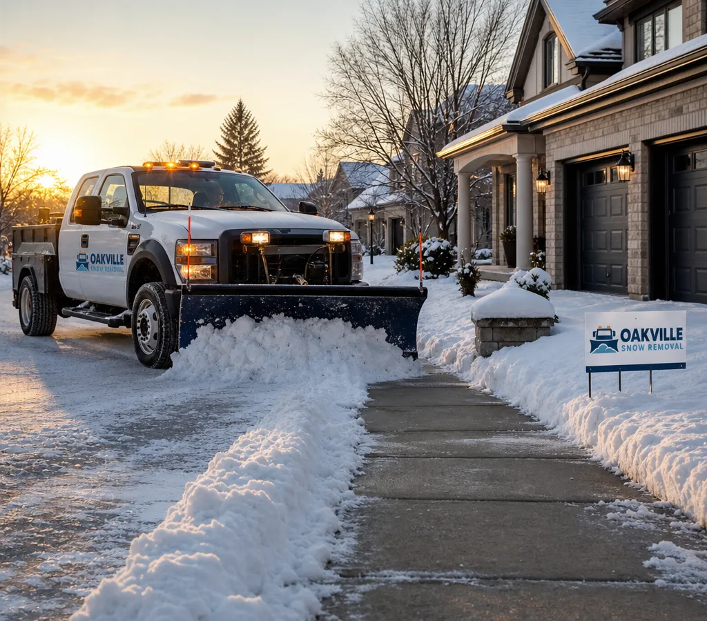 A plow clearing a snow-covered residential driveway in Oakville at dawn, with a shoveled walkway and cleared curb cut visible
