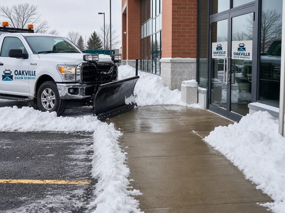 A cleared commercial entrance and pedestrian route with snow piled neatly away from the doorway and parking stalls