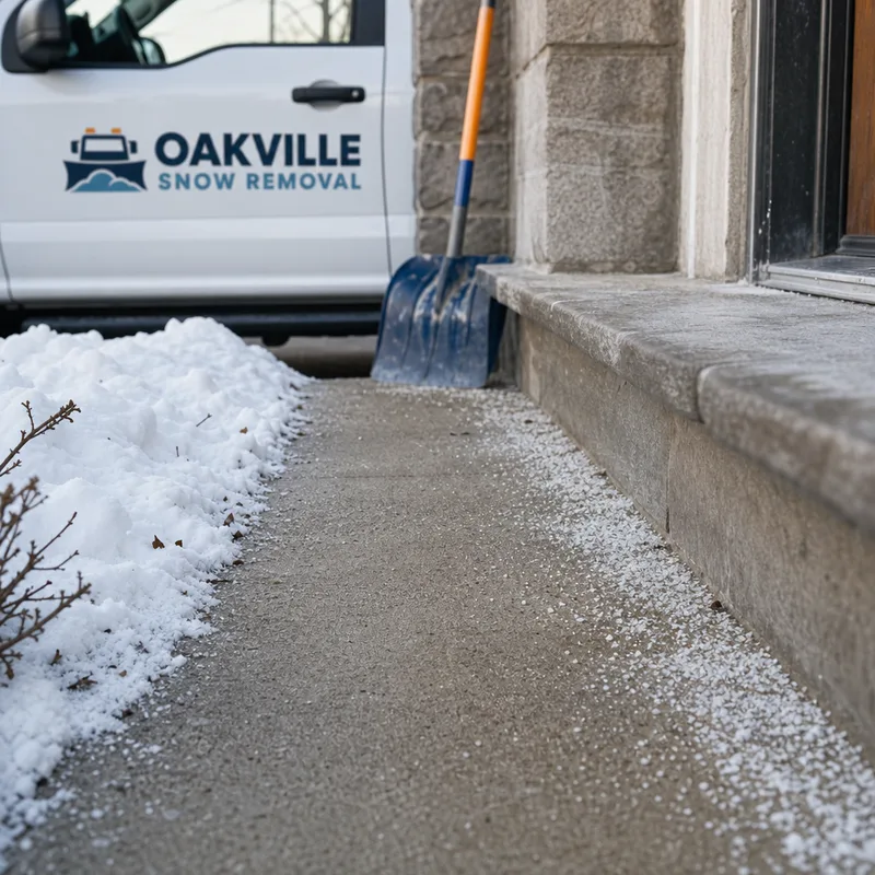Cleared walkway edge with salt granules applied near entrance steps after shovelling