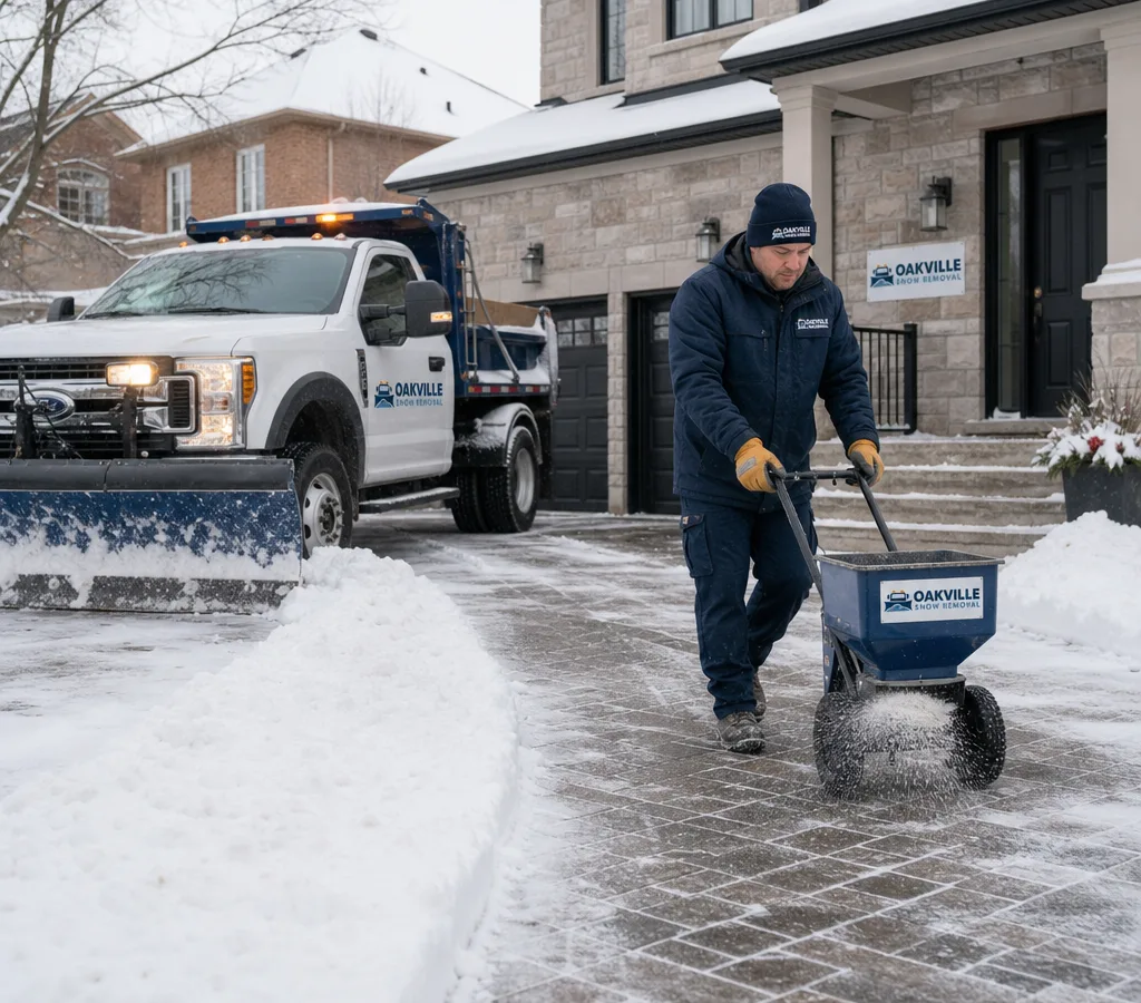 Contractor clearing a residential driveway and front walkway in Oakville after fresh snowfall, with a plow truck and salt application underway
