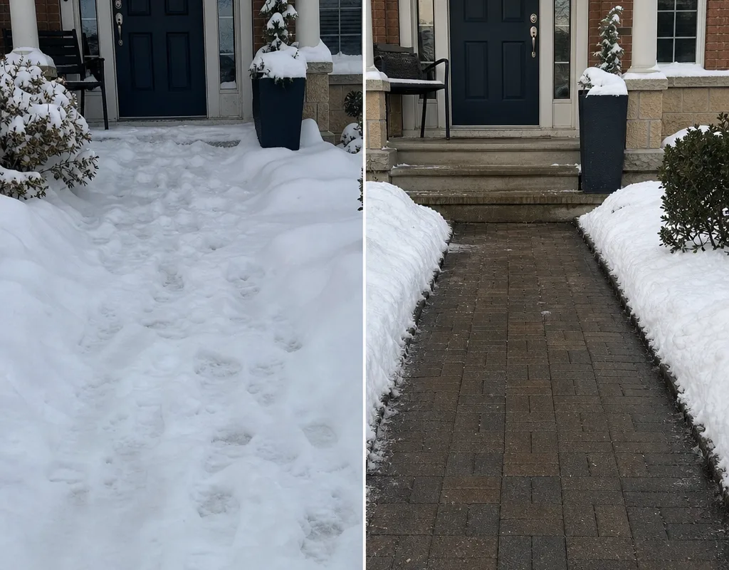 Before-and-after view of a packed residential front walk and a fully cleared, edged route to the front steps