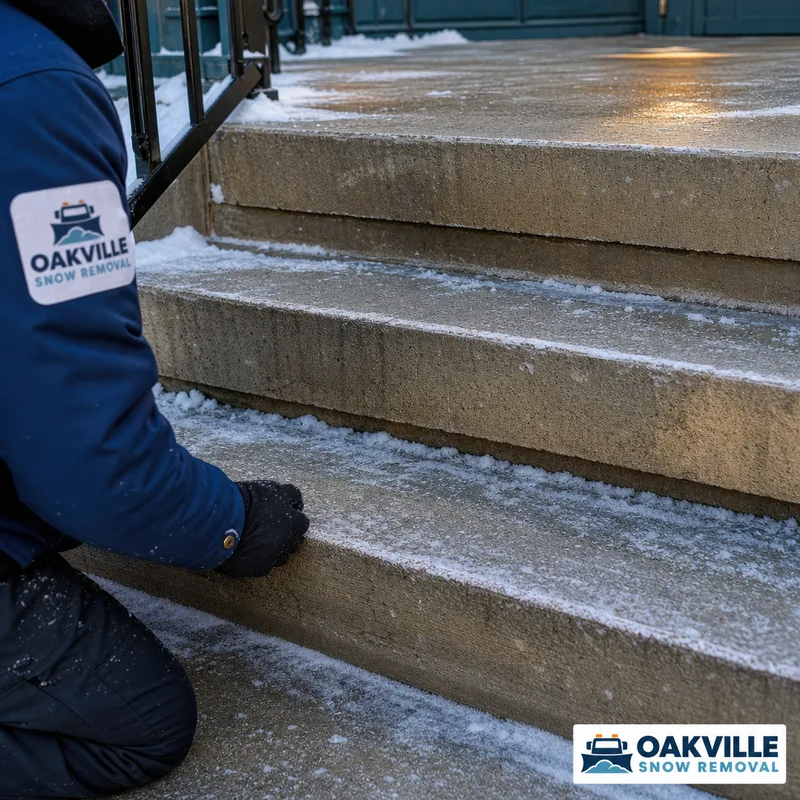 Cleared stair set and landing with crisp edges and light de-icer coverage for traction and visibility