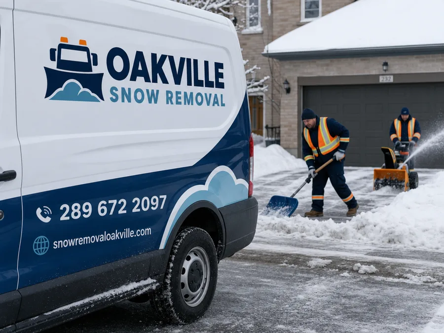 Winter crew in high-visibility gear clearing a driveway apron and curb windrow in an Oakville neighborhood