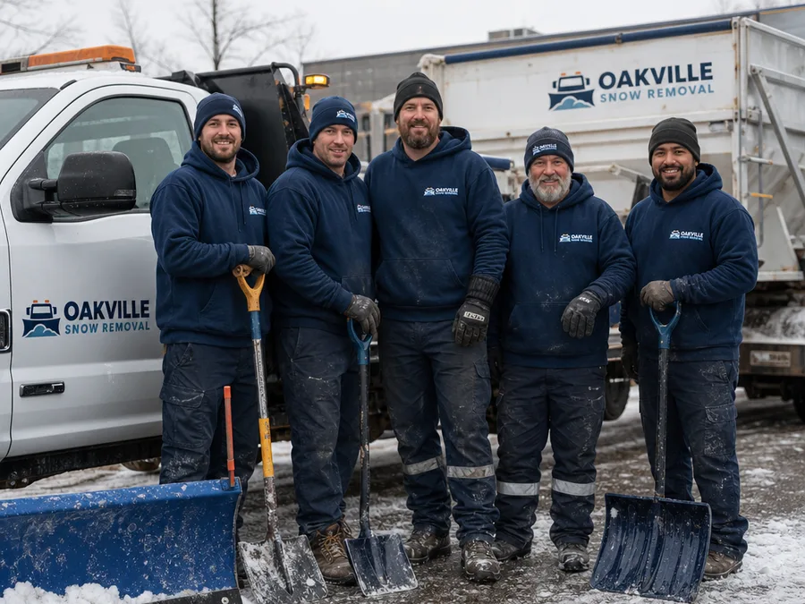 Oakville winter crew beside service vehicles with shovels and snow pushers